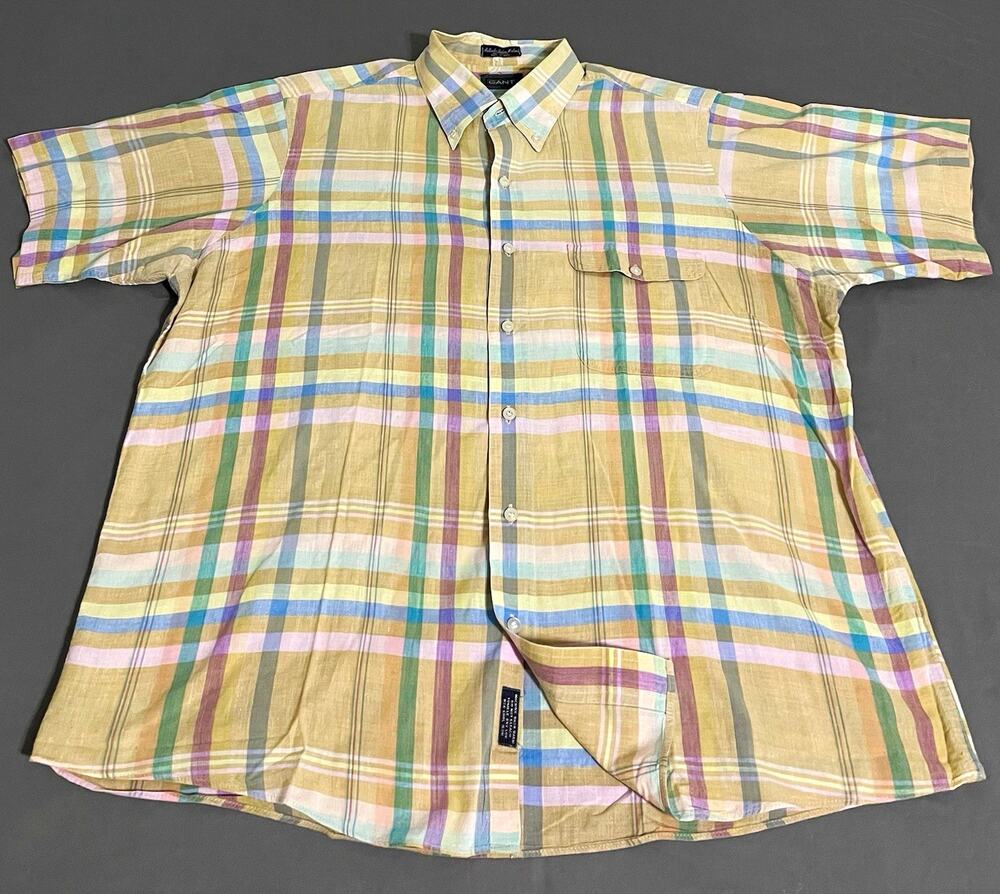 Vintage Gant Mens XL Indian Madras Plaid Short Sleeve Shirt Preppy Cotton Button